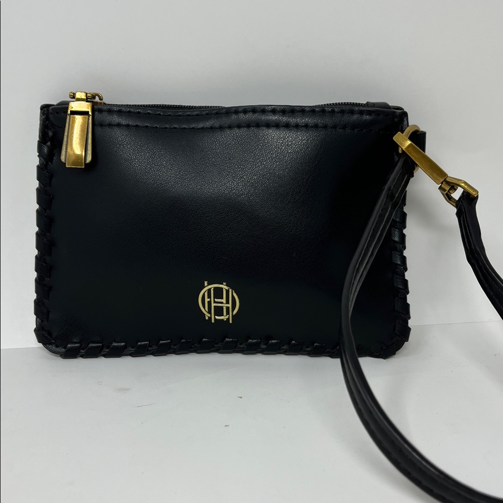 HOUSE OF HARLOW 1960 FAUX LEATHER WOVEN EDGES WRISTLET BRASS HARDWARE